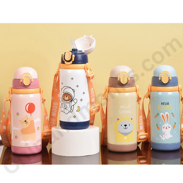 Cartoon Design Hot & Cold Water Bottle for Kids - Double Walled Thermos Flask Vacuum Insulated Stainless Steel Dual Cap Bottle with Straw & Wide Mouth (450Ml)