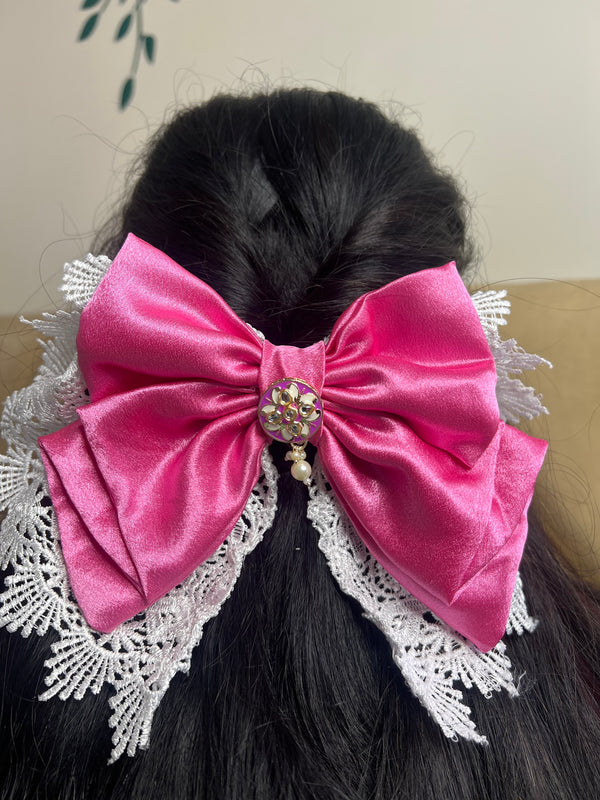 Princess Handcrafted Satin Hair Bow – Luxury Fabric Accessory - pink