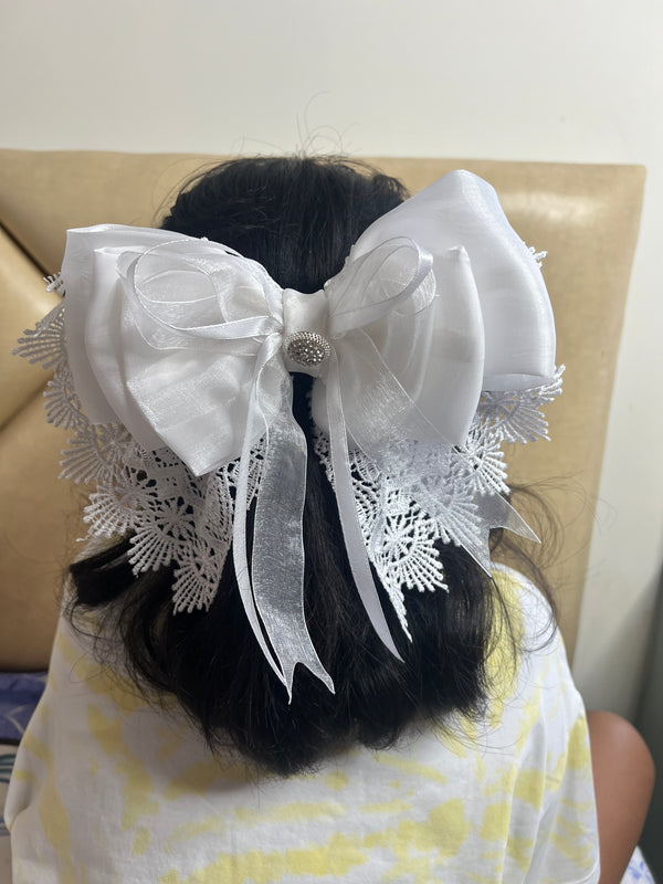 Princess Handcrafted Satin Hair Bow – Luxury Fabric Accessory - white