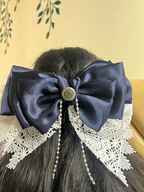 Princess Handcrafted Satin Hair Bow – Luxury Fabric Accessory - Navy blue