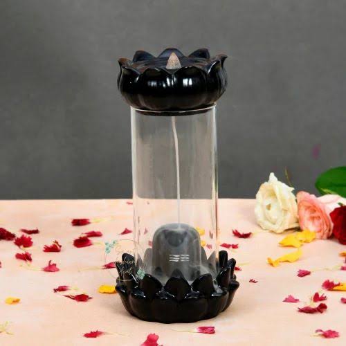 Tilak Shivling in Glass Fountain Backflow Smoke Fountain Incense Holder Showpiece with 10 Backflow Cone for Living Room, Meditation Yoga Place, Worship, Black (Shivling)