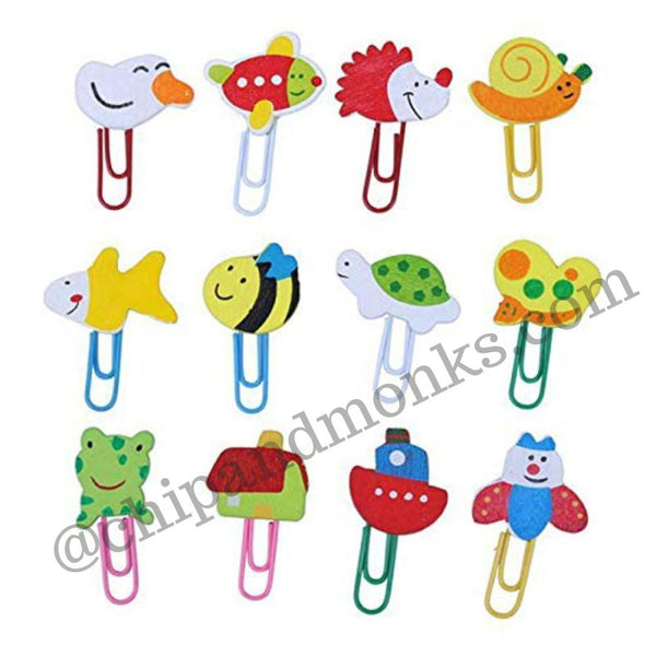 12 pcs / 1 Set Cute Cartoon Animal Pattern Wooden Paper Note Clips Bookmark