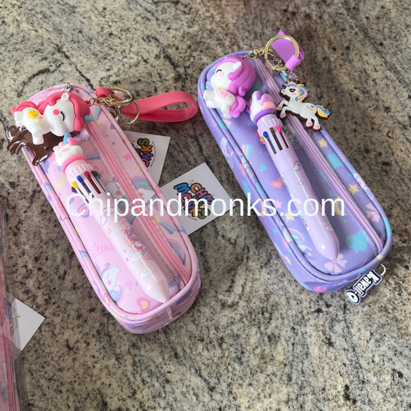 Unicorn Pencil Case with keychain and multicolor pen set