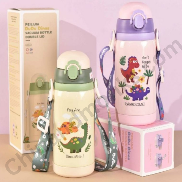 Stainless Steel Water Bottle for Kids Hot & Cold Vacuum Insulated Double Walled Thermos Flask with Carry Strip to Hang and 2 Caps Bottle with Straw & Wide Mouth Cap 450ML - Dino