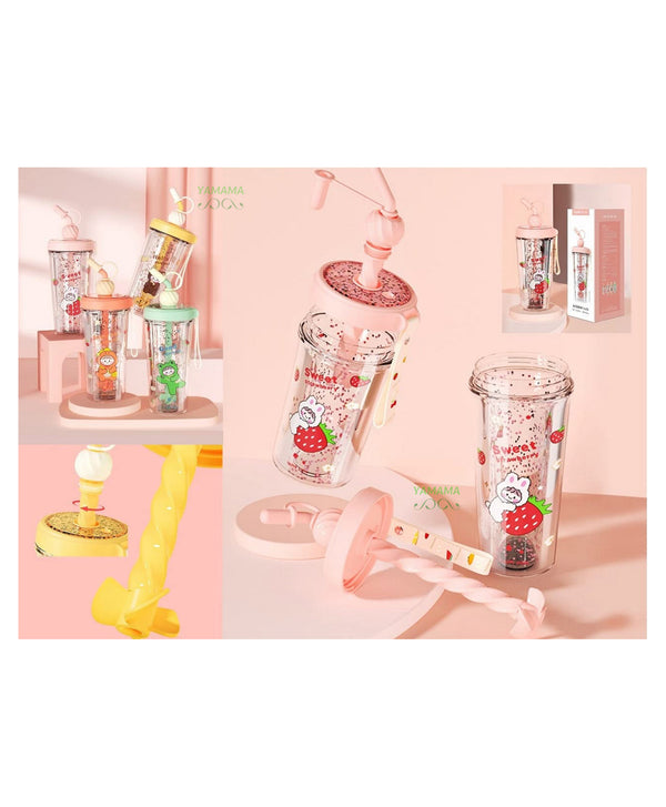 Glitter Water Bottle Tumbler Sipper Cup Freefalling Design Re-useable Plastic Cup with Lid and Straw 400 ML