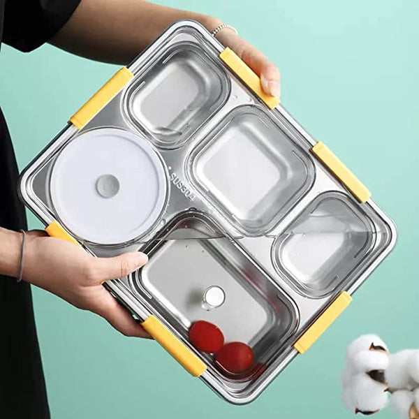 Large Lunch Box, 5 Compartments, Leakproof Containers with Removable Stainless, Spoon & Chopstick, Not Leak Proof Between Compartments (Multi Color, Polypropylene)