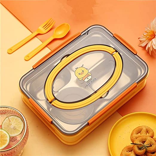 Ben Duck Lunch Box 4 Compartment Stainless Steel Office Lunch Boxes with Spoon Chop Sticks Removable Inner Plate Vacuum Lock Lunch Box