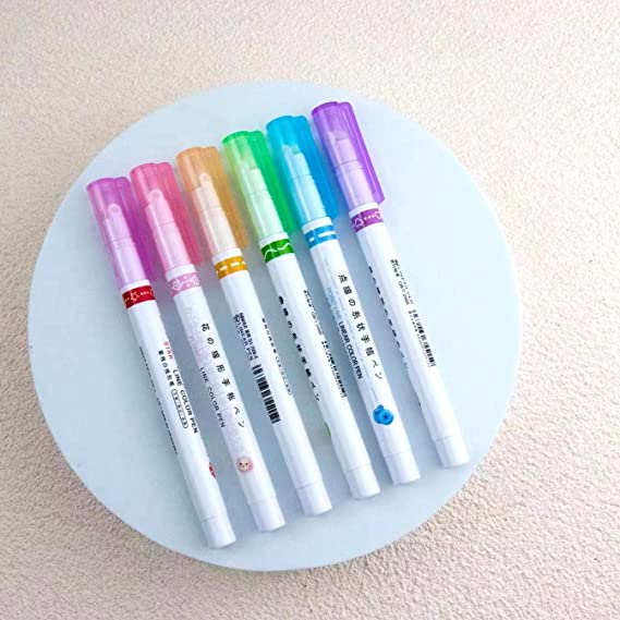 Designer Linear Roller Curve Highlighter Pens Set, 6 Colored Cute Outline Curve Highlighters Pens, Cool Pens For Kids And Adults, Highlighter Pens For Study, Book, Drawing, Office Use, Card-decorating, Writing Supplies (Multicolor)